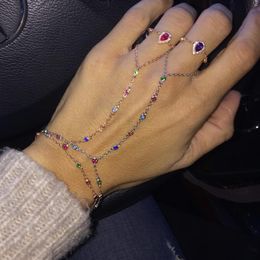 2018 women slave bracelet with ring rose gold silver plated Colourful bezel cz link chain hand Jewellery Behomia rainbow fashion brac205Y