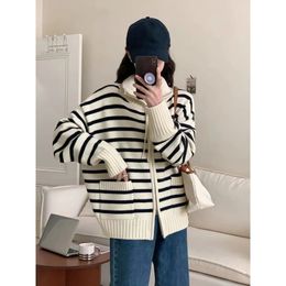 Women's Sweaters Women's Knits Tees Women's Korean Sle Loose Cardigan Polo Collar Stripe Fleece All-Match Warm Zip-up Sweater Outerwear 230927