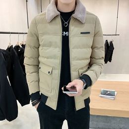 Mens Down Parkas Men Lapel Fur Collar Warm Coat Fashion Parka Solid Colour Slim Fit Cotton Clothes Winter Casual Jacket Top Jaquetas 230927