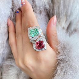 Jewellery Pouches Design Sense Queen's Diamond-encrusted Double-heart Tourmaline Ring Earrings Red And Green Contrast Love