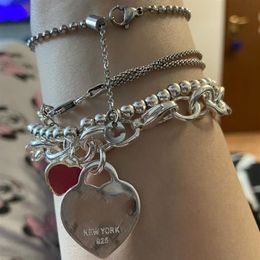 Beaded Strands Original Classic Retro Bracelet Ladies S925 Sterling Silver Heart Tag O-shaped Chain Jewelry Couple Fashion Love213A