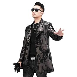 Men's Leather Faux Natural Genuine Coat MidLength Suit Sheepskin Printed Autumn and Winter Windbreaker Trend mens jacket 230927