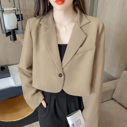 Women's Suits Blazers Lucyever Korean Cropped Blazers Women Solid Colour Simple Single-button Outwear Teens All-match Long Sleeve Office Suit Jacket 230927