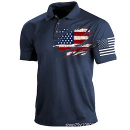 DIY Clothing Customised Tees & Polos Navy Blue Flag Print men's short sleeved button printed casual pullover polo shirt