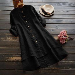 Casual Dresses Cotton Linen Shirt Dress For Women Soild Long Sleeve Loose Button Crewneck Blusas Mori Girl Clothes