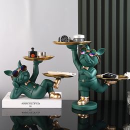 Decorative Objects Figurines Lying Black French Bulldog Butler with Double Gold Metal Tray Dog Statues and Sculptures Room Decor Home Butler Statue Ornament 230926