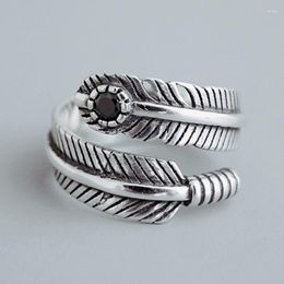 Cluster Rings Women's Retro Feather Thai Silver Open Ring Hip Hop Trend Jewellery Wholesale