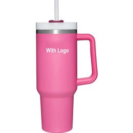 Bicchiere in acciaio inossidabile DHL Pink da 40 once con logo manico coperchio paglia grande capacità boccale di birra bottiglia d'acqua verniciatura a polvere campeggio esterno2128