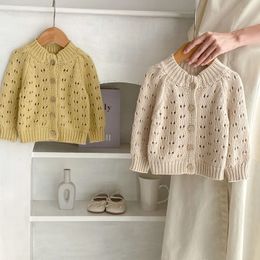 Cardigan Autumn Girl Baby Fashion Knitted Cardigan Hollow Out Sweater Boy Children Solid Simple Casual Tops Jacket Kid Cotton Knit Coat 230927