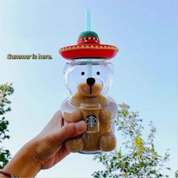 500Ml- 600ML Starbucks Bear Mugs with Straw Latin American Style Cute Shaped Glass Cold Drink Cup216T