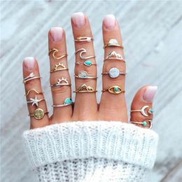 19 Pcs Set Ring Boho Compass Arrow Starfish Wave Moon Eyes Gem Opening Midi Rings for Women Charm Rings Set Jewellery Gift318H