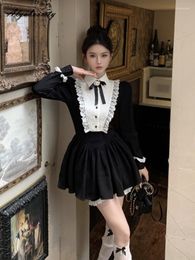 Women's Tracksuits Japanese Lolita Style Spring Autumn Women Dress Set Turn-Down Black Mini Bow Lace Shorts Elegant Princess Cute Kawaii