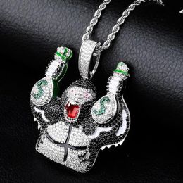 Gold Plated Bling Colorful Cartoon Gorilla Holding Money Bag Cubic Zirconia Big Pendant Necklace Masculina Bijoux Hip Hop Jewelry 268h