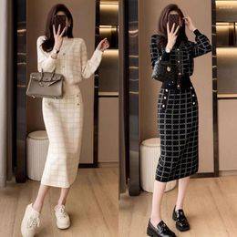 Work Dresses Autumn Winter Plaid Knitted Skirt 2 Piece Sets Women's Soft Long Sleeve Sweater High Waist Loose Skirts Lady Elegant Set