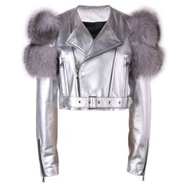 Women's Leather Faux Leather YOLOAgain Autumn Natural Fur Sleeve Genuine Leather Cropped Jacket Women Shiny Sliver Leather Jacket Ladies 230927