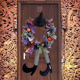 Decorative Flowers Wreaths Halloween Wreath Decorations Halloween Witch Wreath with Hat Legs Pumpkin Artificial Front Door Wreath Hanging Decoration for T230927