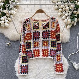 Women's Sweaters Korejepo Retro Plaid Knit Top Summer Crochet Loose Sleeved Pullover 2023 Autumn Leisure Simplicity Romantic Tops