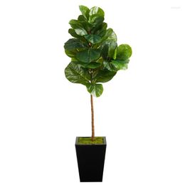 Decorative Flowers Fiddle Leaf Artificial Tree In Black Metal Planter