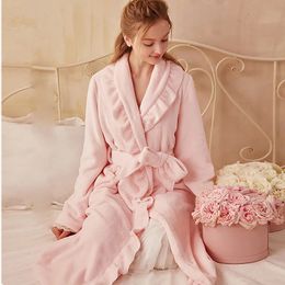 Women's Sleep Lounge Autumn Winter Women Sleepwear Flannel Robe Thicken Ruffle Pajamas.Lolita Lady Bathrobes Nightgown Robes Dressing Gown Loungewear 230927
