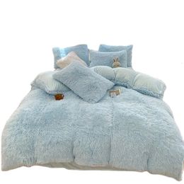 Bedding sets Winter Blue Long Hair Duvet Cover Set Warm Linen Home Texitle Queen Cystal Flannel Fleece Bedcloth 220240 Dropship 3pcs 230927