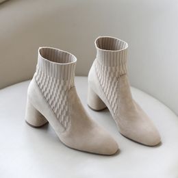 Boots Pointed Ankle Boots Winter Women Casual Chelsea Boots Women Medium Heel Knitted Sock Boots Women Faux Suede Female Heels 230926