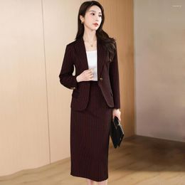 Two Piece Dress Women Formal Striped Skirt Suits Spring Autumn Fashion V-Neck Slim Blazer Split Straight Office Lady Business Wear