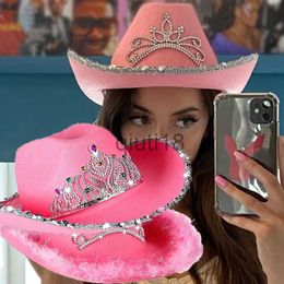 Ball Caps Pink West Cowgirl Hats for Women Cow Girl Hats Tiara Feather Felt Western Sequin Cowboy Hat Costume Party Play Dress Cap x0927