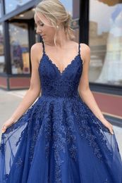 Royal Blue Spaghetti Party Dresses Long Evening Dresses Lace Prom Evening Gowns Women Elegant Party Gowns A-line Plunging Neck