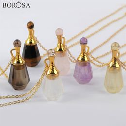 BOROSA 3Pcs 26inch Gild Amethysts Natural Stone Perfume Bottle Necklace Essential Oil Diffuser Rose Quartzs Necklace WX1223-N229v