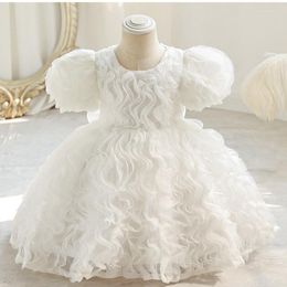 Girl Dresses Short Ivory Flower Girls' For Weddings Party Gala O-Neck With Bow Ruffles Kid's Birthday Princess Baby Infant Gown 2023