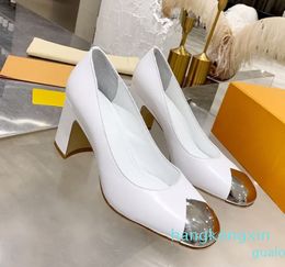 Fashion-designer lady dress shoes Thick high-heels shoe Comfortable Ankle Buckle Hollow Metal Heel Pumps Personality sandals