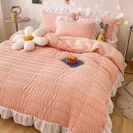 Bedding sets 4 Pieces Princess Style White Seersucker Set Lace Bedspread Quilt Duvet Cover Washable Cotton No Comforter 230927