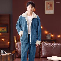 Men's Sleepwear Winter Thick Warm Flannel Pyjama Sets For Men Turn-down Collar Zipper Coral Fleece Homewear Lounge Home Clothes