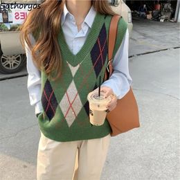 Women's Sweaters Argyle Sweater Vests Women Vintage Stylish S-3XL Autumn V-neck Panelled Sleeveless Jumpers Knitwear Female Warm College Preppy 230927