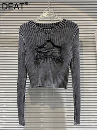 Women's Sweaters DEAT Vintage Denim Pattern Patchwork Design Knitted Pullover For Women Long Sleeve O-neck T-shirt Autumn Female 11XX5821 230927