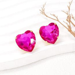 Stud Earrings Romantic Cute Girls Women Pink Fuchsia Heart Rhinestone Crystal Earring