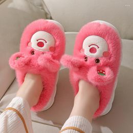 Slippers Winter Strawberry Bear Women Plush Cute Little Thick Sole Cotton Shoes Home Indoor Warm Platform Korean