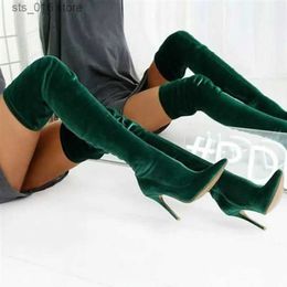 Замшевая твердая женщина каблук на колене высокие ботинки мода Большой размер заостренные ноги Stiletto Женская обувь T230927 0AAD
