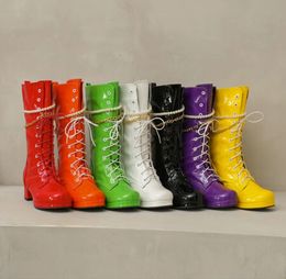 Boots Custom Colours Gogo Boots 60s Pearl Metal Chain Square Heel Ankle Sexy Round Toe Leather Zip Women Short Cross Dressi 230926