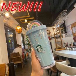 New 450ML Cute Rainbow Starbucks Cup Double Plastic with Straws PET Material for Kids Adult Girlfirend for Gift Products Whole216V