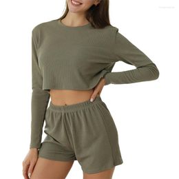 Women's Sleepwear Women Pajamas Set 2 Pieces Fall Summer Loungewear Solid Color Crew Neck Long Sleeve Crop Tops And Elastic Waist Shorts