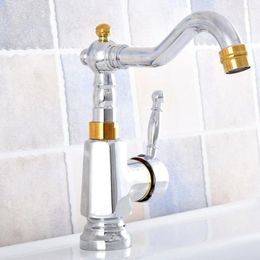 Bathroom Sink Faucets Deck Mounted Polished Silver & Gold Finish Faucet Basin Mixer Tap And Cold Water Zsf802