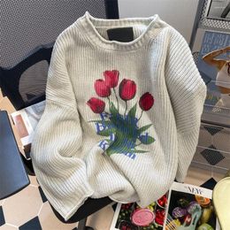 Women's Sweaters Women Sweater Vintage Tulip Printing Autumn Winter O-Neck Full Loosde Fashion Girls Knitwear Top Mori Girl
