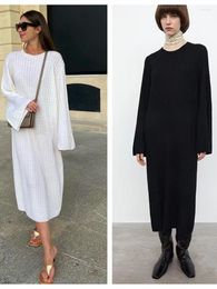 Casual Dresses Women Wool Knit Midi Dress Pit Strip Twisted Round Neck Long Sleeve Female Solid Color Robe 2023 Fall Winter