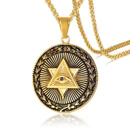 Pendant Necklaces Triangle Illuminati All Eyes Gold Stainless Steel Masonic Necklace Star Of David Round Pendants Men Hip Hop Jewe280E