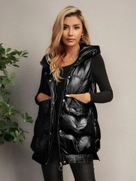 Womens Vests Fashion Autumn And Winter Sleeveless Patent Hooded Front Zipper Button Details Solid Puffer Coat Outdoor Warm Clothing 230927