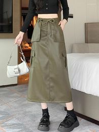 Skirts TIGENA American Retro Faux Leather Cargo Skirt Women 2023 Fall Winter Drawstring Pockets Back Slit Straight Long PU Female