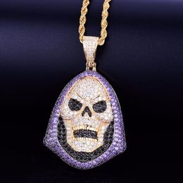 Hoody Skull Purple Stone Pendant Necklace Personality Chain Gold Silver Iced Out Cubic Zirconia Hip hop Rock Jewelry3139