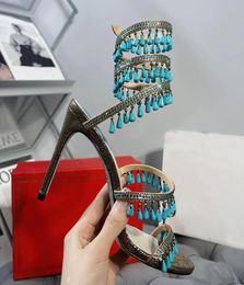 Rene Caovilla Sandals a spillo Sandali abbelliti Renee Turquoise Teli ciondolo 10 mm Decorazione di strass per la decorazione metallica di pistola metallica Donne di lusso a tacco alto tacco 7980310