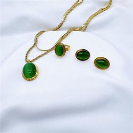 Necklace Earrings Set Stainless Steel Double Chain Oval Green White Opal Fried Dough Twists Ring Earring Jewelry